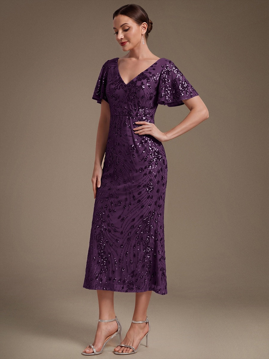 Maxi Und Knöchellange Tiefe V-Ausschnitt Meerjungfrau Pailletten Kleid Atemberaubende Eleganz Kleid #Farbe_Dunkelviolett
