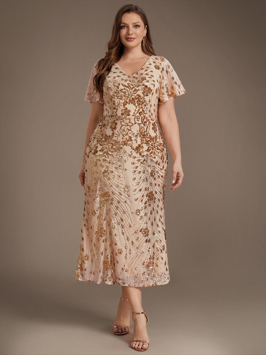 Maxi Und Knöchellange Tiefe V-Ausschnitt Meerjungfrau Pailletten Kleid Atemberaubende Eleganz Kleid #Farbe_Gold