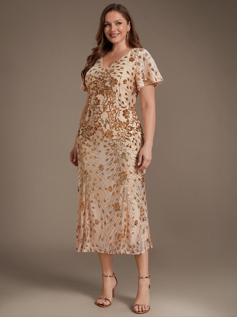 Maxi Und Knöchellange Tiefe V-Ausschnitt Meerjungfrau Pailletten Kleid Atemberaubende Eleganz Kleid #Farbe_Gold