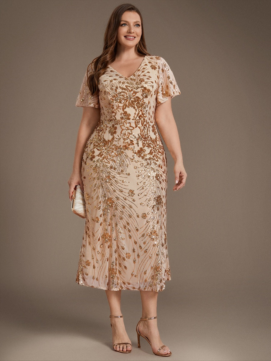 Maxi Und Knöchellange Tiefe V-Ausschnitt Meerjungfrau Pailletten Kleid Atemberaubende Eleganz Kleid #Farbe_Gold