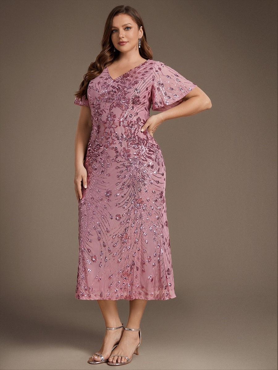 Maxi Und Knöchellange Tiefe V-Ausschnitt Meerjungfrau Pailletten Kleid Atemberaubende Eleganz Kleid #Farbe_Orchideenviolett