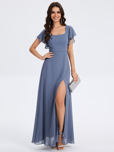 Bodenlanger A-Linien Chiffon Kleid Mit Quadratischem Ausschnitt Bindeband Vorne Und Rückenfreiem Design #Farbe_Taubenblau
