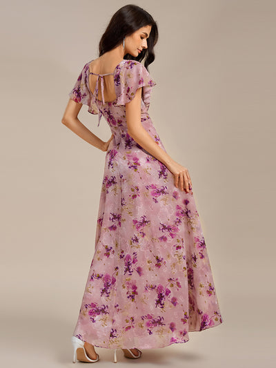 Bodenlanger A-Linien Chiffon Kleid Mit Quadratischem Ausschnitt Bindeband Vorne Und Rückenfreiem Design #Farbe_Helllila mit Print
