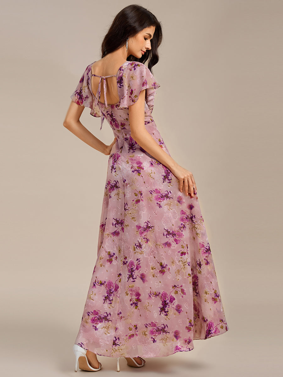 Bodenlanger A-Linien Chiffon Kleid Mit Quadratischem Ausschnitt Bindeband Vorne Und Rückenfreiem Design #Farbe_Helllila mit Print