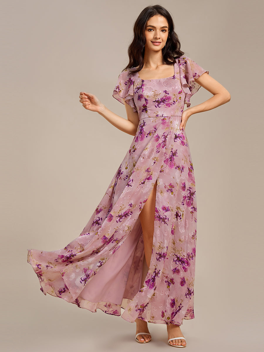 Bodenlanger A-Linien Chiffon Kleid Mit Quadratischem Ausschnitt Bindeband Vorne Und Rückenfreiem Design #Farbe_Helllila mit Print