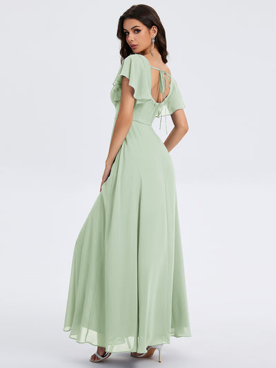 Bodenlanger A-Linien Chiffon Kleid Mit Quadratischem Ausschnitt Bindeband Vorne Und Rückenfreiem Design #Farbe_Mintgrün