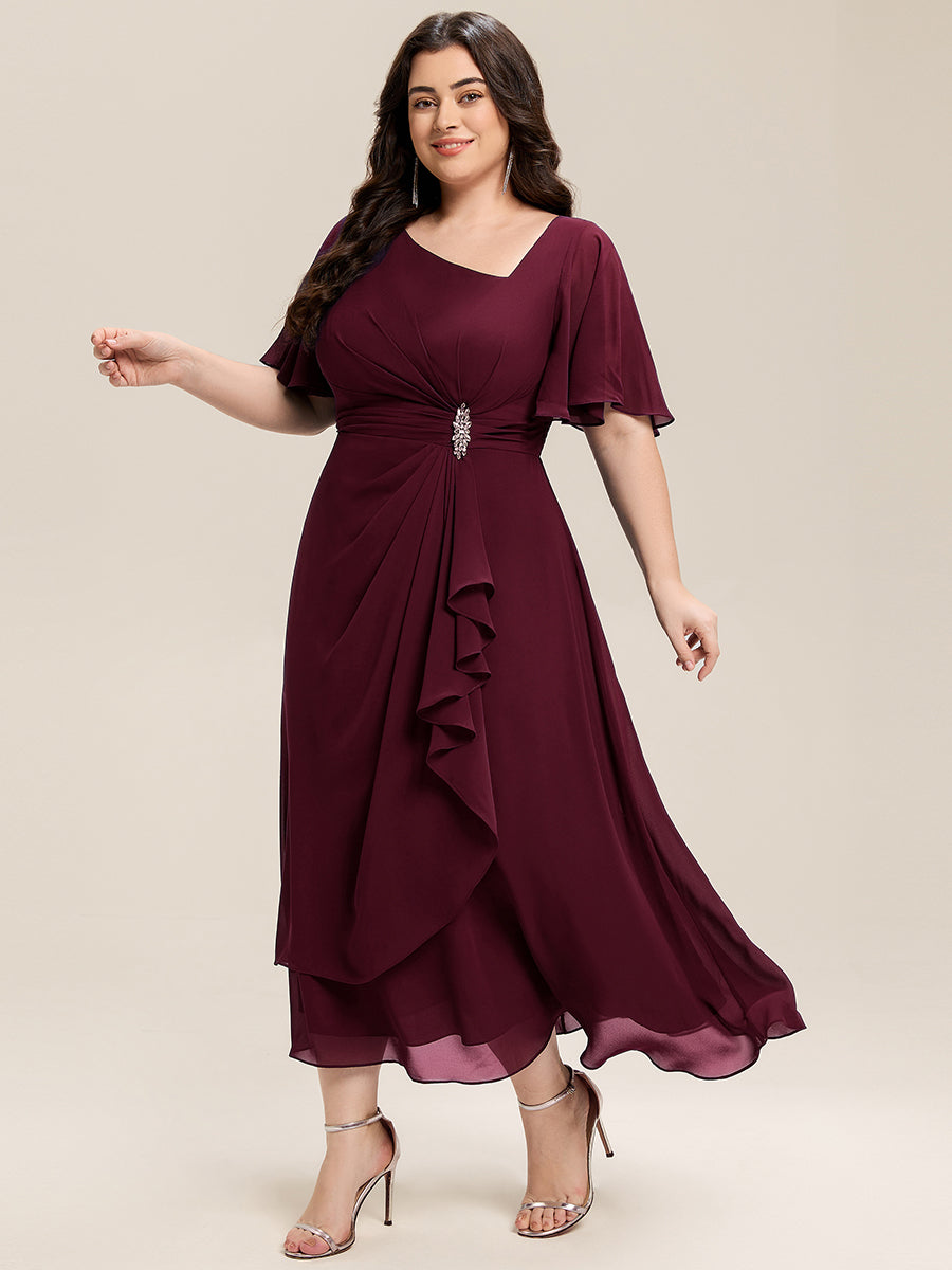 Abendkleid mit Volantärmeln und Strass-Details aus Chiffon abendkleid #Farbe_Burgunderrot