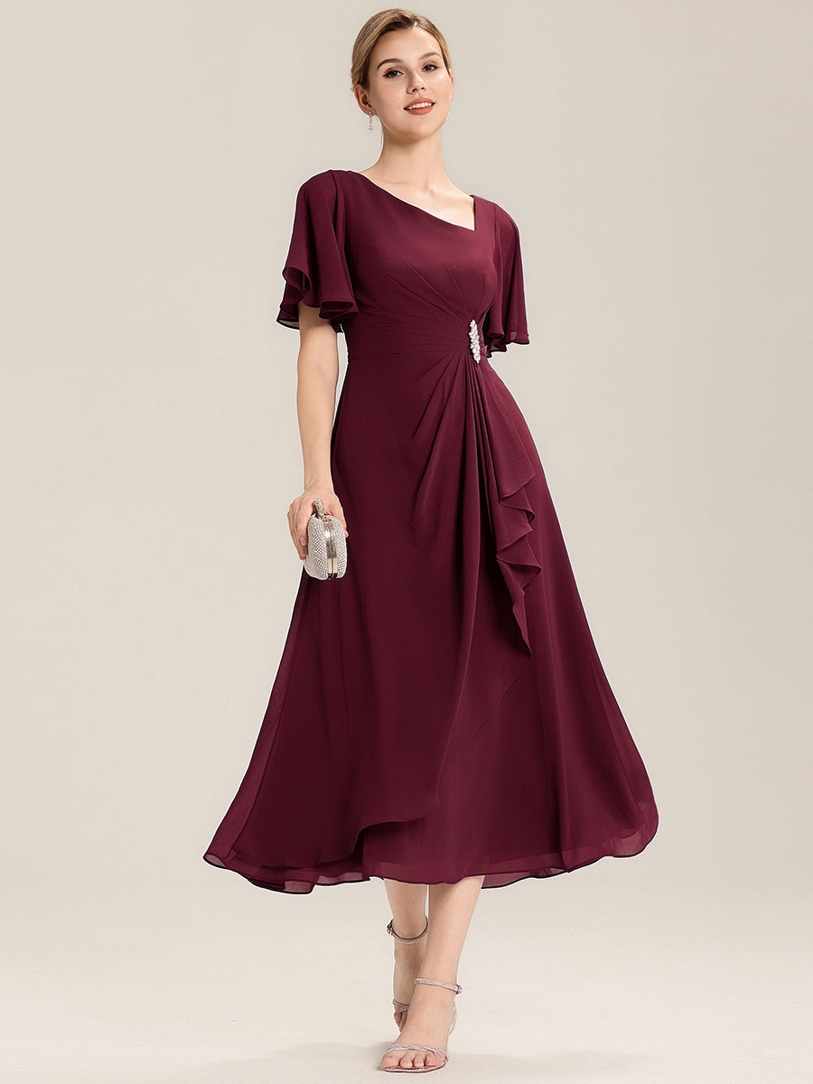 Abendkleid mit Volantärmeln und Strass-Details aus Chiffon abendkleid #Farbe_Burgunderrot
