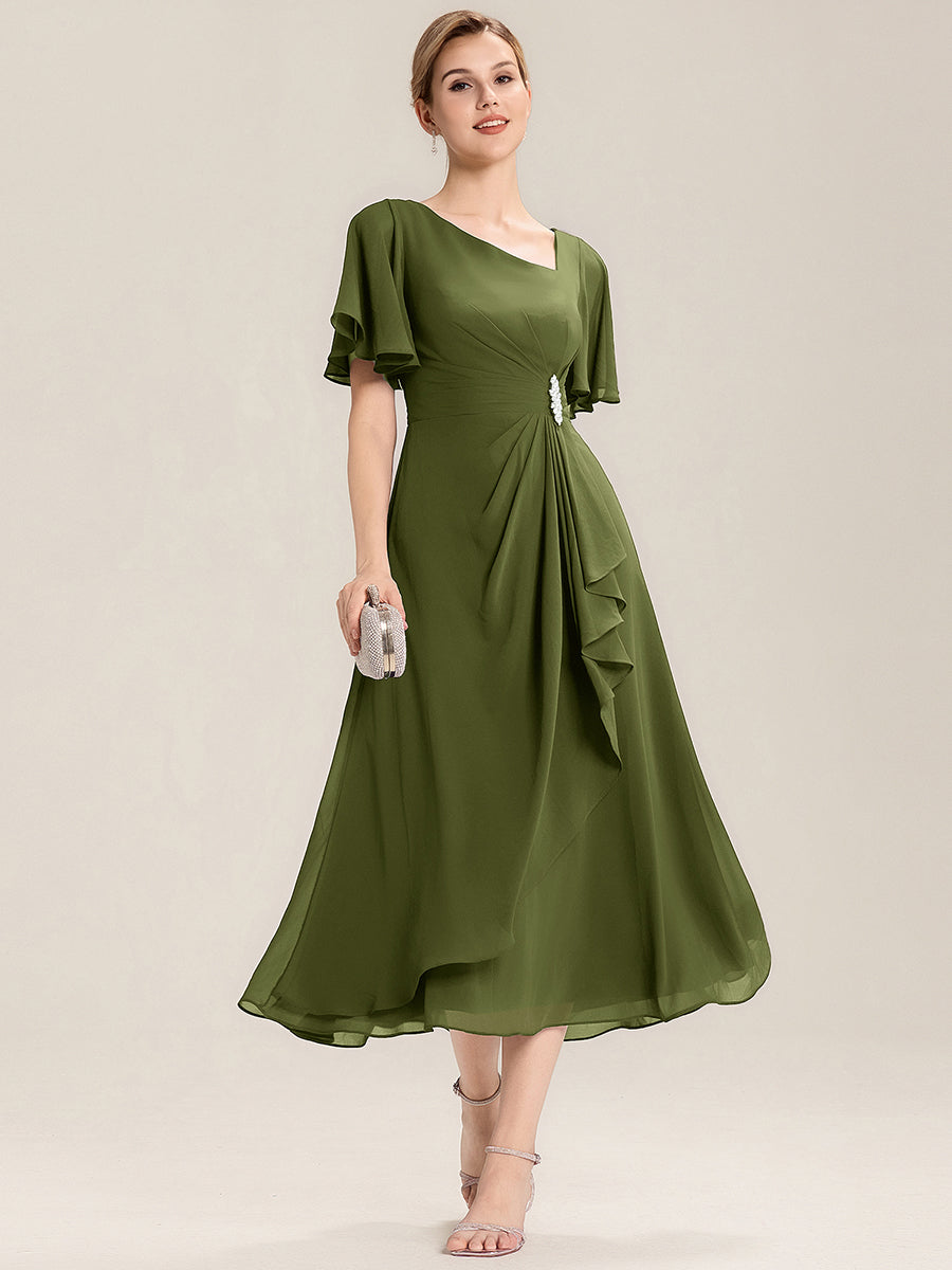 Abendkleid mit Volantärmeln und Strass-Details aus Chiffon abendkleid #Farbe_Olivgrün