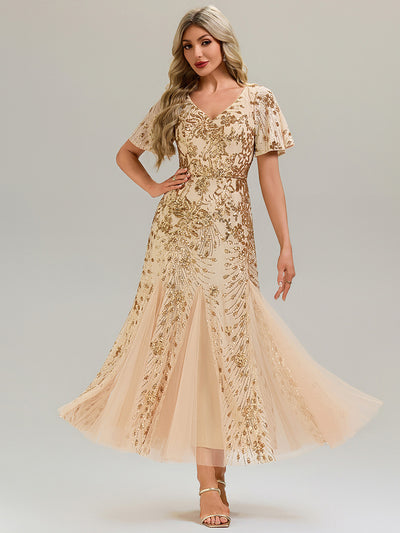 Maxi Knöchellanges V-Ausschnitt A-Linie Paillettenkleid Mit Besticktem Patchwork Kleid #Farbe_Gold