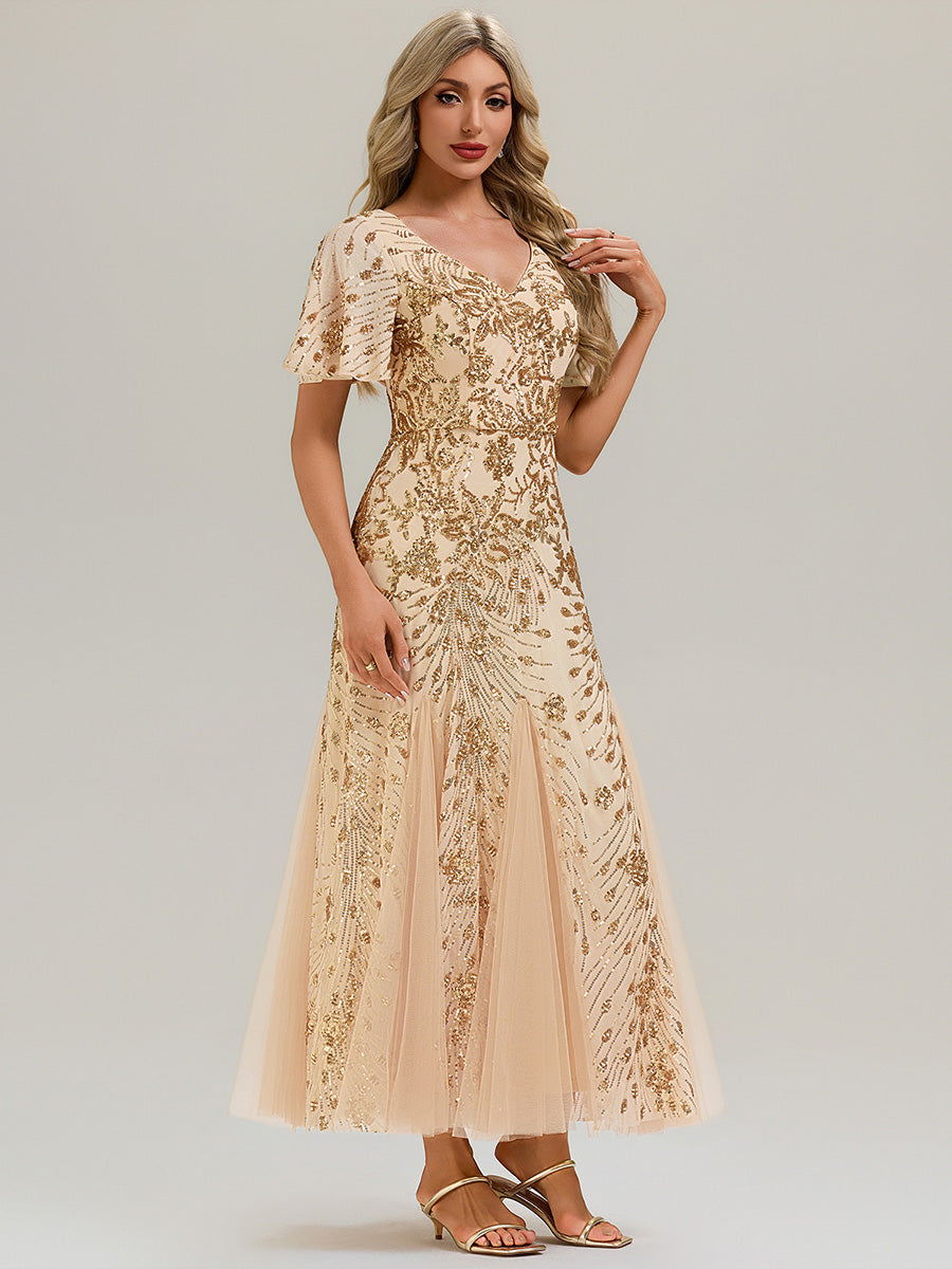 Maxi Knöchellanges V-Ausschnitt A-Linie Paillettenkleid Mit Besticktem Patchwork Kleid #Farbe_Gold