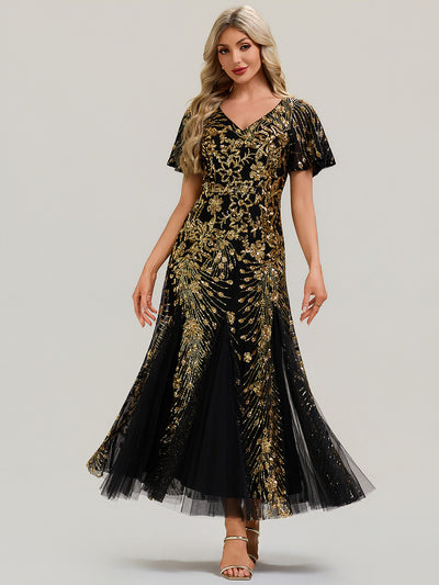 Maxi Knöchellanges V-Ausschnitt A-Linie Paillettenkleid Mit Besticktem Patchwork Kleid #Farbe_Schwarz & Gold