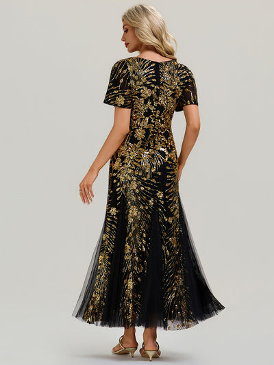 Maxi Knöchellanges V-Ausschnitt A-Linie Paillettenkleid Mit Besticktem Patchwork Kleid #Farbe_Schwarz & Gold