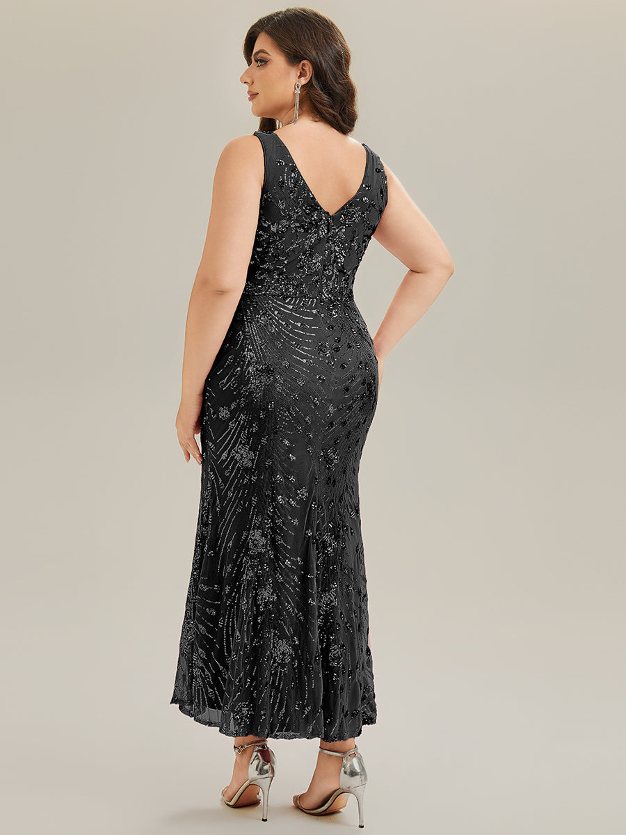 Maxi Und Knöchellanges V-Ausschnitt Meerjungfrau Pailletten Kleid Mit Knoten Detail Und Tiefem V-Ausschnitt #Farbe_Schwarz