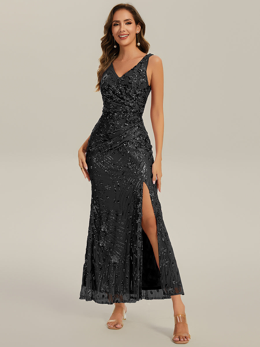 Maxi Und Knöchellanges V-Ausschnitt Meerjungfrau Pailletten Kleid Mit Knoten Detail Und Tiefem V-Ausschnitt #Farbe_Schwarz