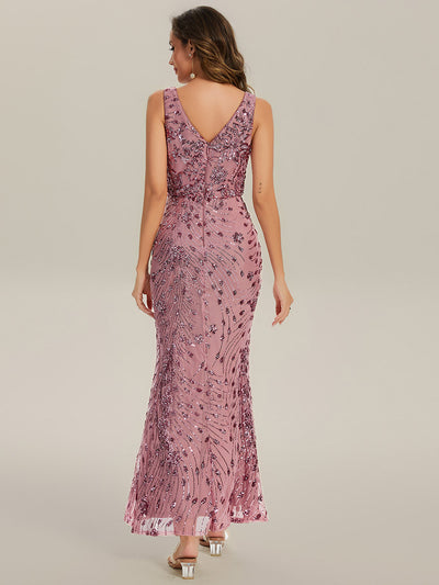 Maxi Und Knöchellanges V-Ausschnitt Meerjungfrau Pailletten Kleid Mit Knoten Detail Und Tiefem V-Ausschnitt #Farbe_Orchideenviolett