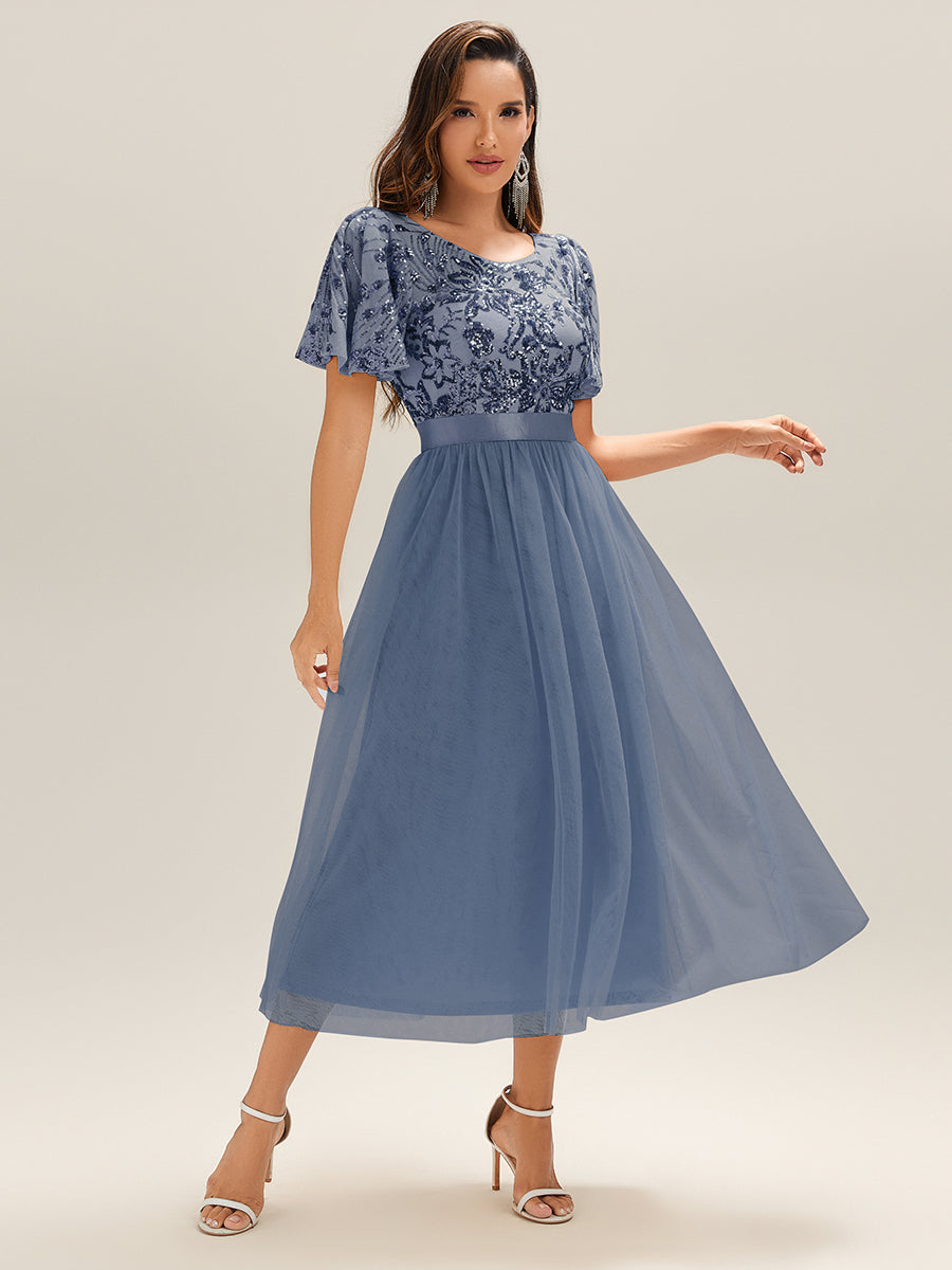 Midi Länge Pailletten Meerjungfrau Kleid Mit Tiefem V-Ausschnitt Elegantes Tee Länge Kleid #Farbe_Taubenblau