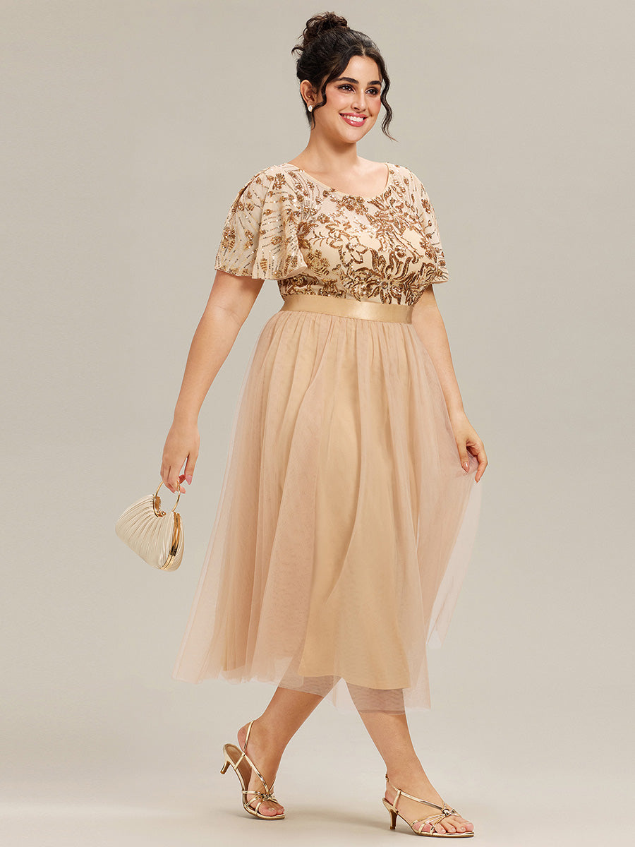 Midi Länge Pailletten Meerjungfrau Kleid Mit Tiefem V-Ausschnitt Elegantes Tee Länge Kleid #Farbe_Gold