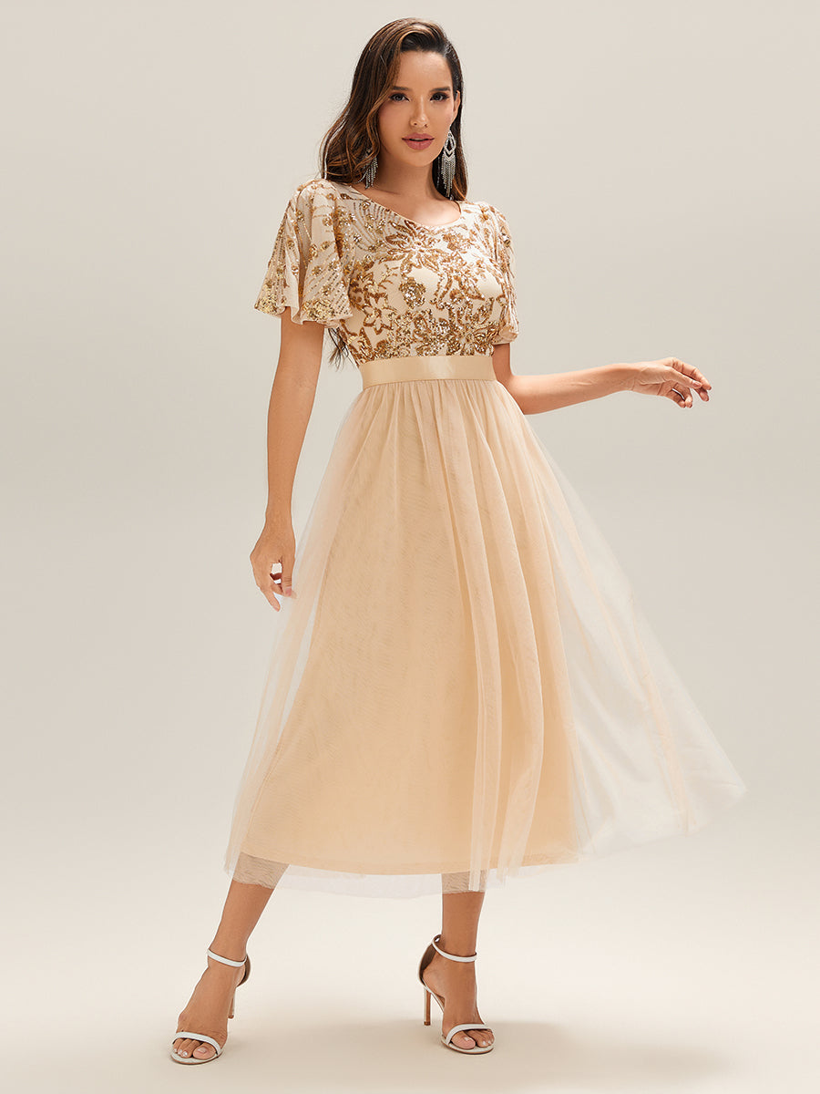 Midi Länge Pailletten Meerjungfrau Kleid Mit Tiefem V-Ausschnitt Elegantes Tee Länge Kleid #Farbe_Gold