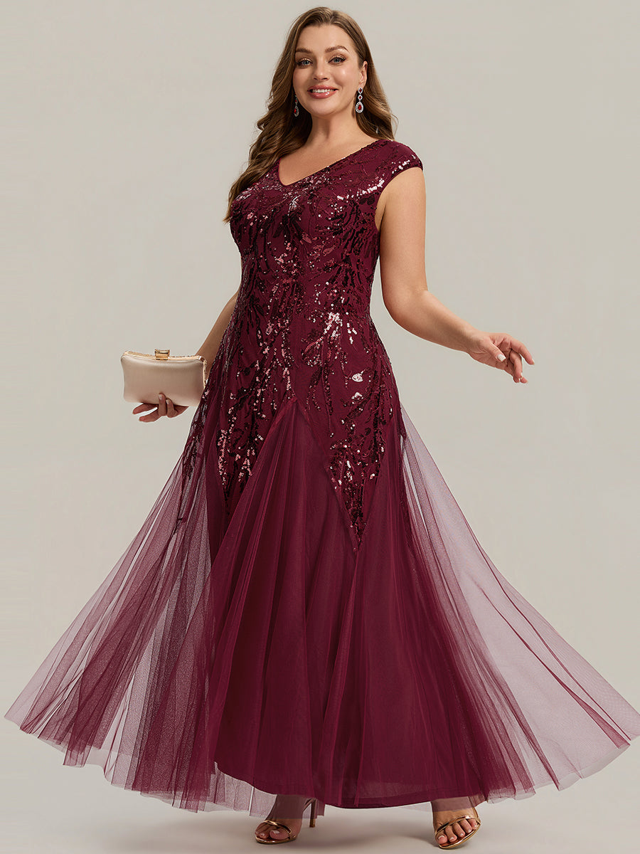 Bodenlanger V-Ausschnitt A-Linie Pailletten Kleid Mit Besticktem Blumenmuster #Farbe_Burgunderrot
