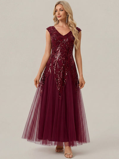 Bodenlanger V-Ausschnitt A-Linie Pailletten Kleid Mit Besticktem Blumenmuster #Farbe_Burgunderrot