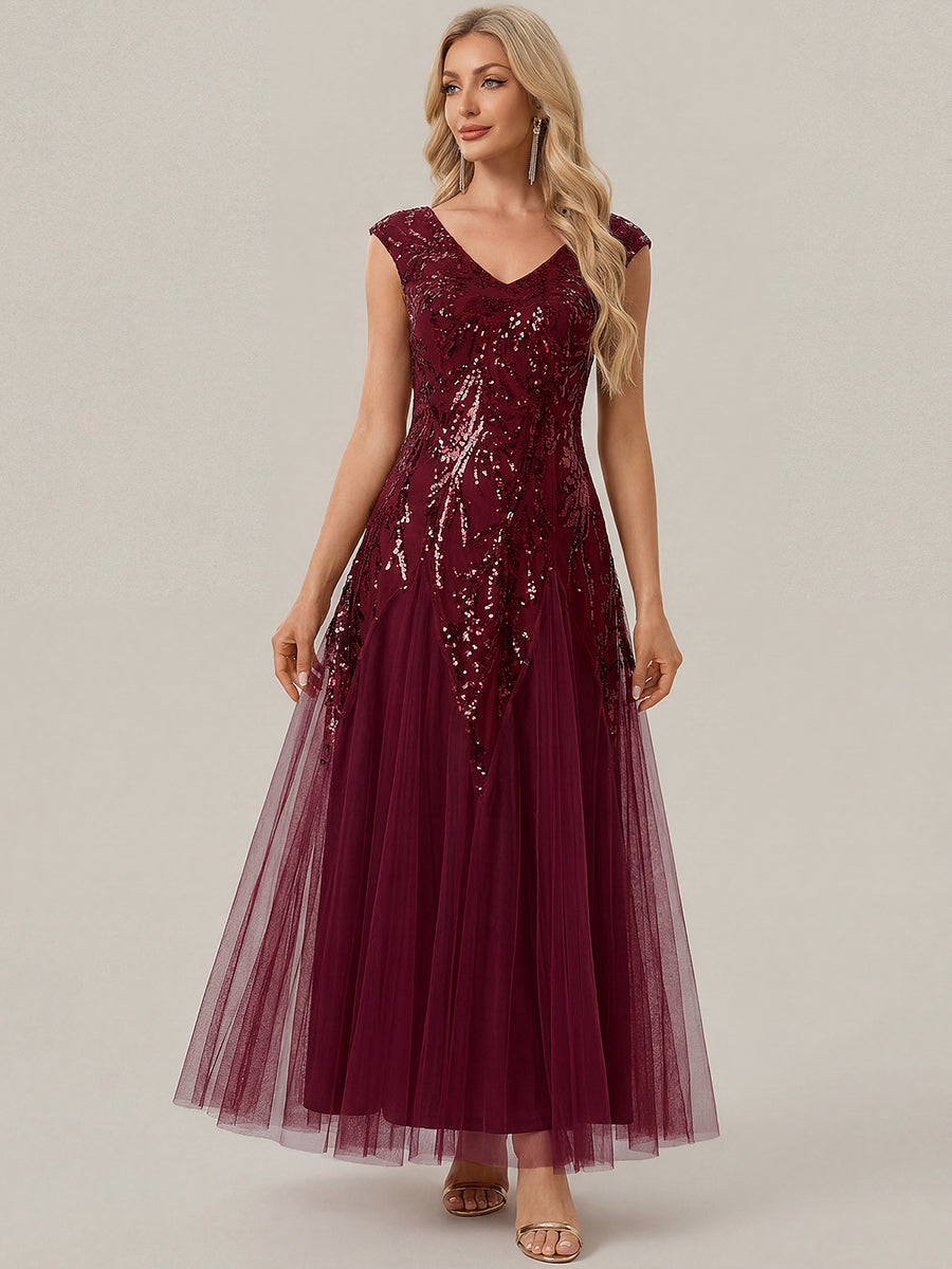 Bodenlanger V-Ausschnitt A-Linie Pailletten Kleid Mit Besticktem Blumenmuster #Farbe_Burgunderrot