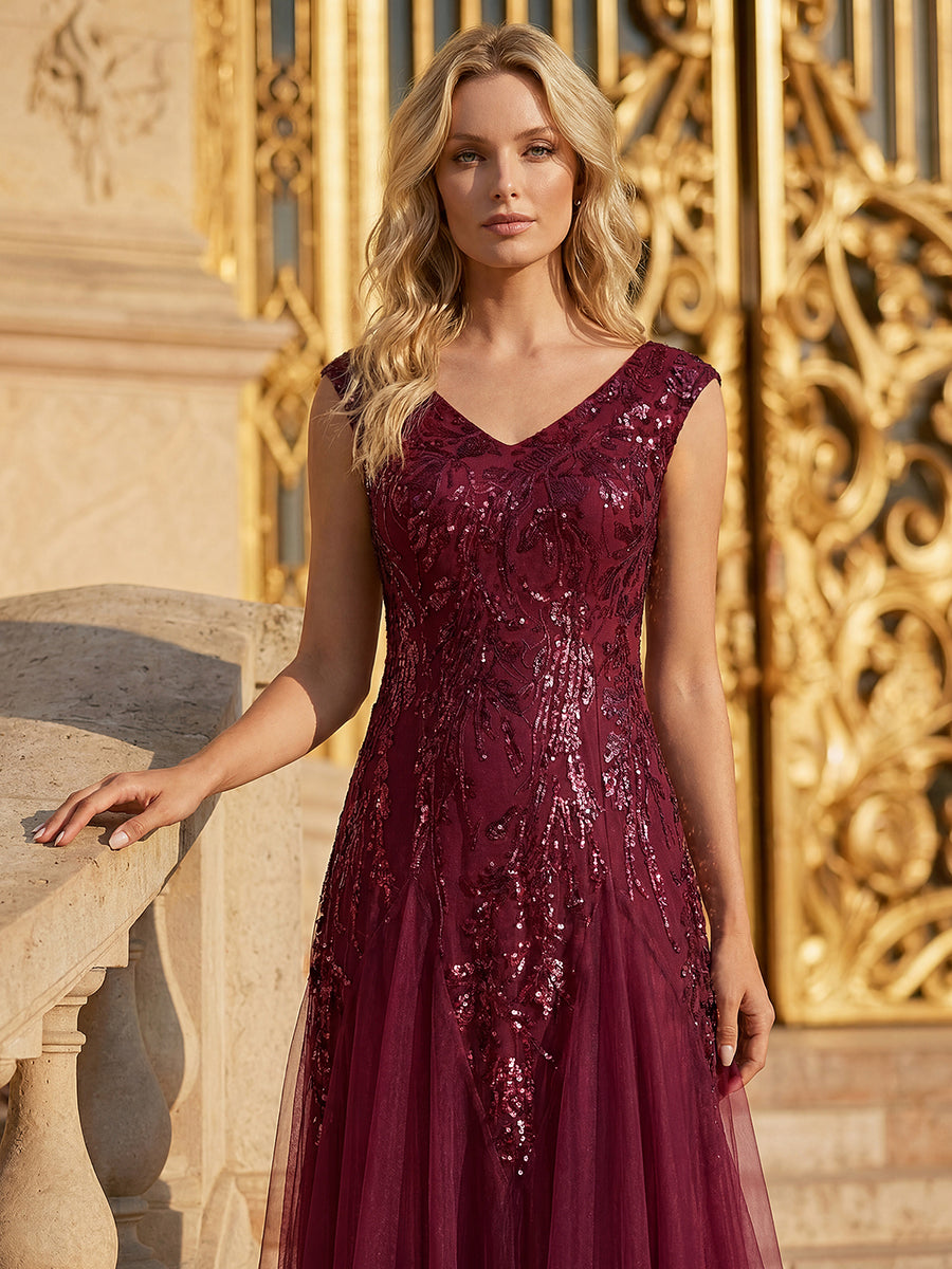 Bodenlanger V-Ausschnitt A-Linie Pailletten Kleid Mit Besticktem Blumenmuster #Farbe_Burgunderrot