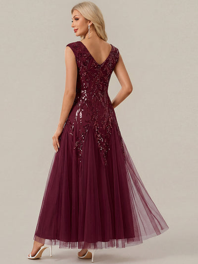 Bodenlanger V-Ausschnitt A-Linie Pailletten Kleid Mit Besticktem Blumenmuster #Farbe_Burgunderrot