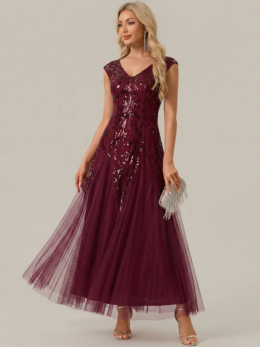 Bodenlanger V-Ausschnitt A-Linie Pailletten Kleid Mit Besticktem Blumenmuster #Farbe_Burgunderrot