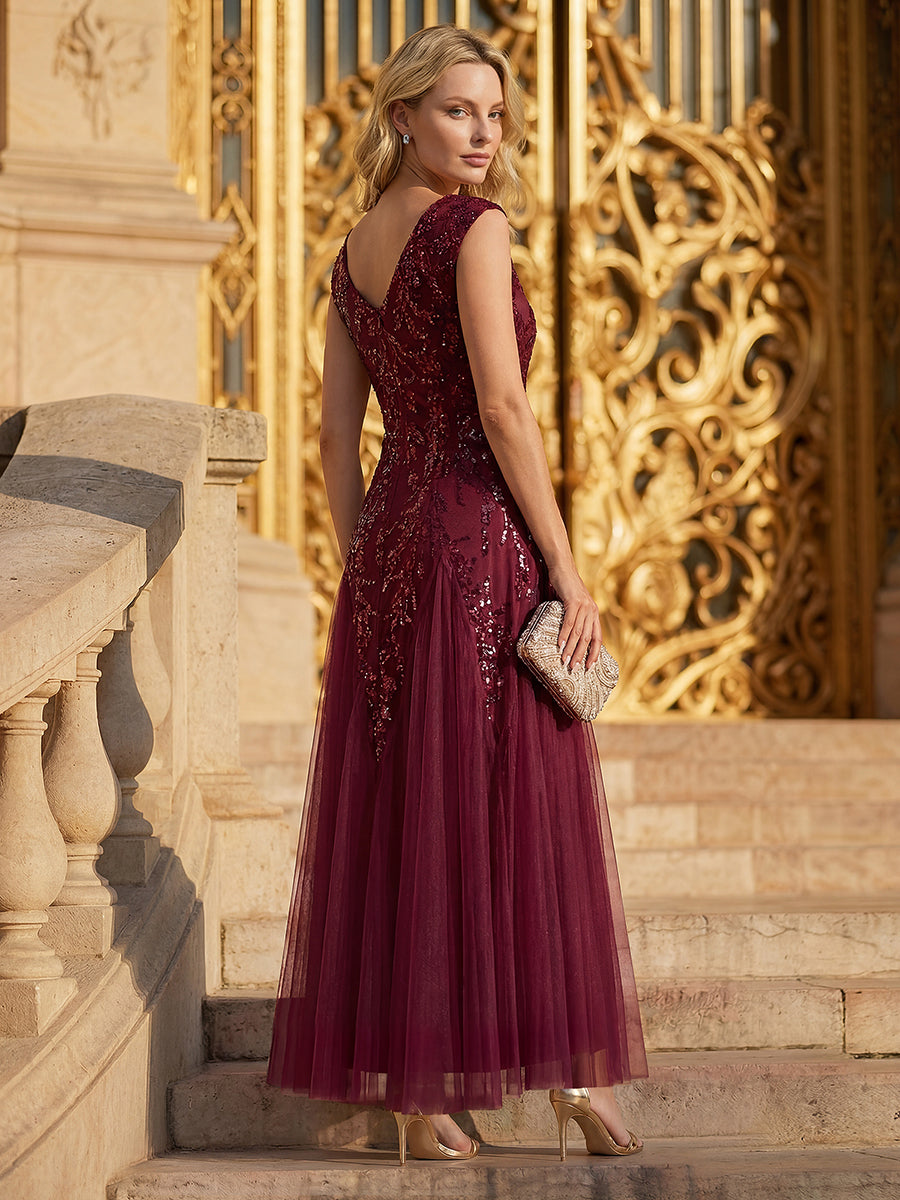 Bodenlanger V-Ausschnitt A-Linie Pailletten Kleid Mit Besticktem Blumenmuster #Farbe_Burgunderrot