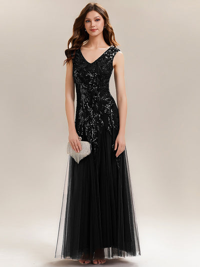 Bodenlanger V-Ausschnitt A-Linie Pailletten Kleid Mit Besticktem Blumenmuster #Farbe_Schwarz