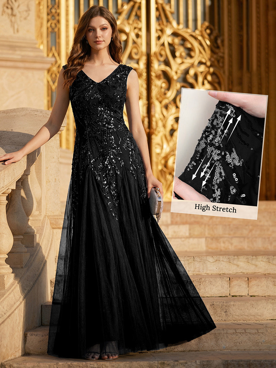 Bodenlanger V-Ausschnitt A-Linie Pailletten Kleid Mit Besticktem Blumenmuster #Farbe_Schwarz