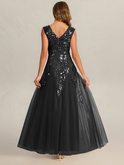 Bodenlanger V-Ausschnitt A-Linie Pailletten Kleid Mit Besticktem Blumenmuster #Farbe_Schwarz