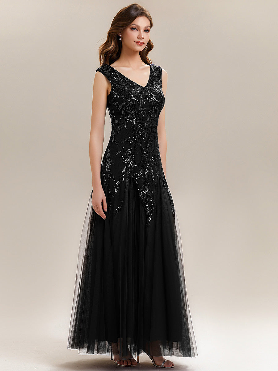 Bodenlanger V-Ausschnitt A-Linie Pailletten Kleid Mit Besticktem Blumenmuster #Farbe_Schwarz