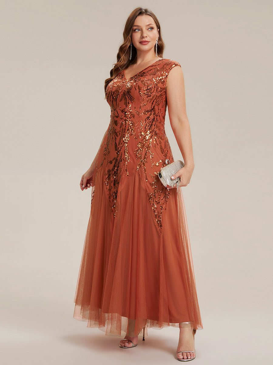 Bodenlanger V-Ausschnitt A-Linie Pailletten Kleid Mit Besticktem Blumenmuster #Farbe_Gebranntes Orange