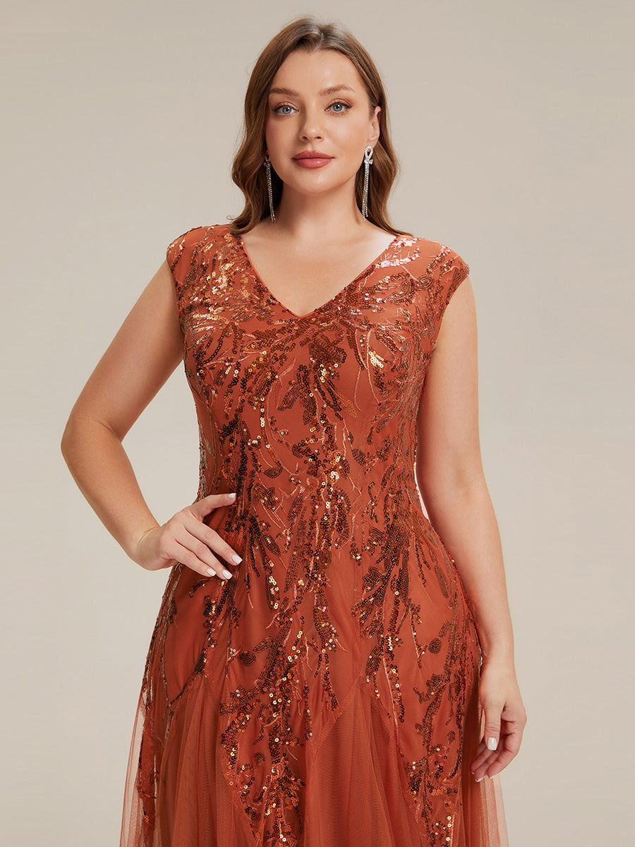 Bodenlanger V-Ausschnitt A-Linie Pailletten Kleid Mit Besticktem Blumenmuster #Farbe_Gebranntes Orange