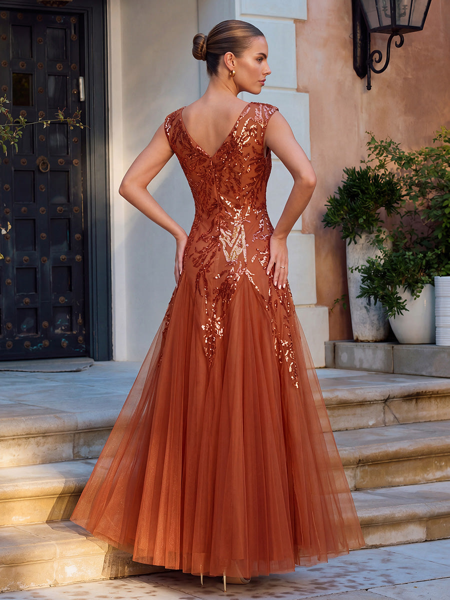 Bodenlanger V-Ausschnitt A-Linie Pailletten Kleid Mit Besticktem Blumenmuster #Farbe_Gebranntes Orange