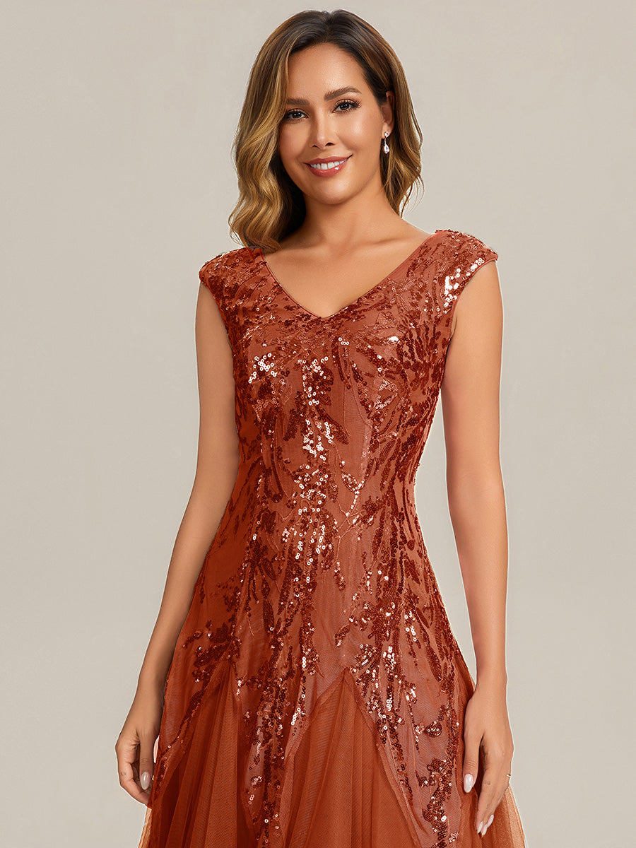 Bodenlanger V-Ausschnitt A-Linie Pailletten Kleid Mit Besticktem Blumenmuster #Farbe_Gebranntes Orange