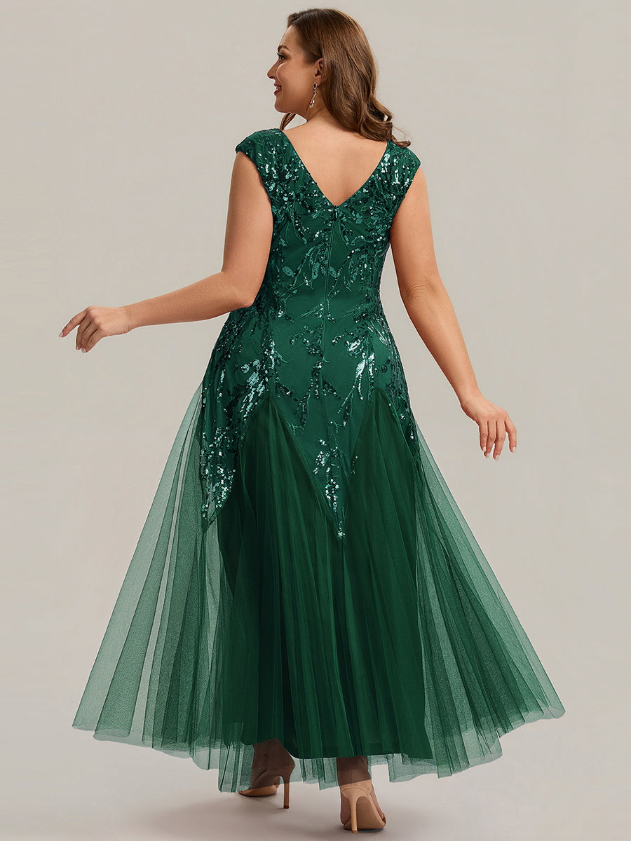 Bodenlanger V-Ausschnitt A-Linie Pailletten Kleid Mit Besticktem Blumenmuster #Farbe_Dunkelgrün