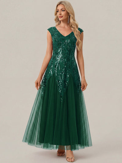 Bodenlanger V-Ausschnitt A-Linie Pailletten Kleid Mit Besticktem Blumenmuster #Farbe_Dunkelgrün