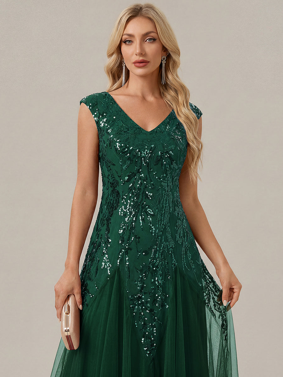 Bodenlanger V-Ausschnitt A-Linie Pailletten Kleid Mit Besticktem Blumenmuster #Farbe_Dunkelgrün