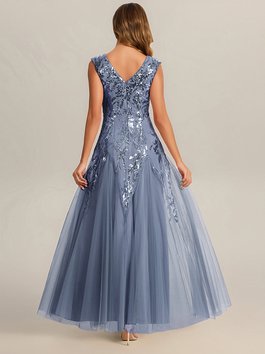 Bodenlanger V-Ausschnitt A-Linie Pailletten Kleid Mit Besticktem Blumenmuster #Farbe_Taubenblau