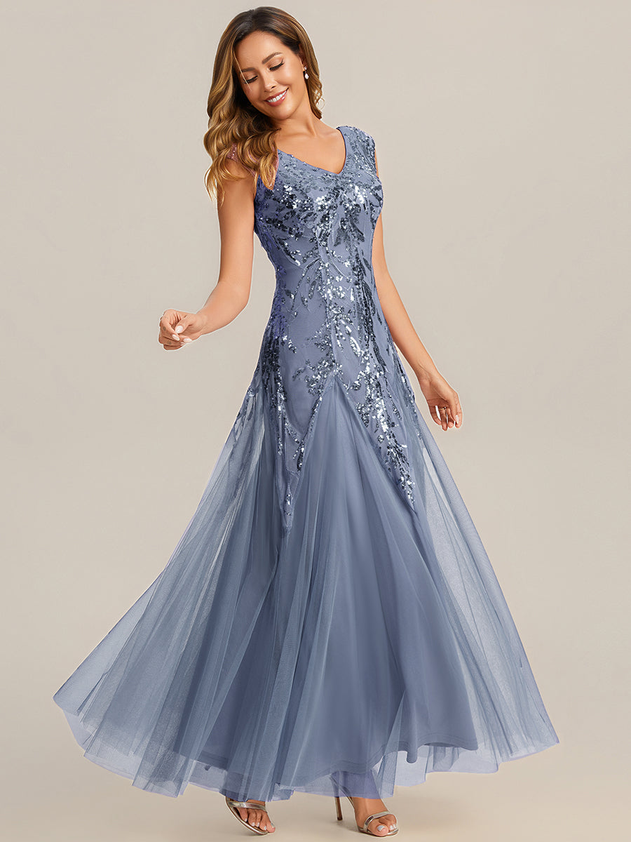 Bodenlanger V-Ausschnitt A-Linie Pailletten Kleid Mit Besticktem Blumenmuster #Farbe_Taubenblau
