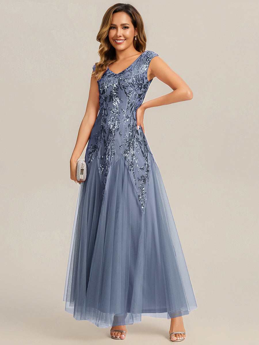 Bodenlanger V-Ausschnitt A-Linie Pailletten Kleid Mit Besticktem Blumenmuster #Farbe_Taubenblau