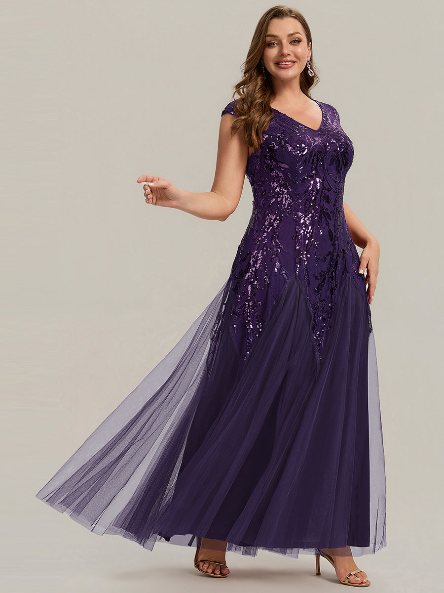 Bodenlanger V-Ausschnitt A-Linie Pailletten Kleid Mit Besticktem Blumenmuster #Farbe_Dunkelviolett