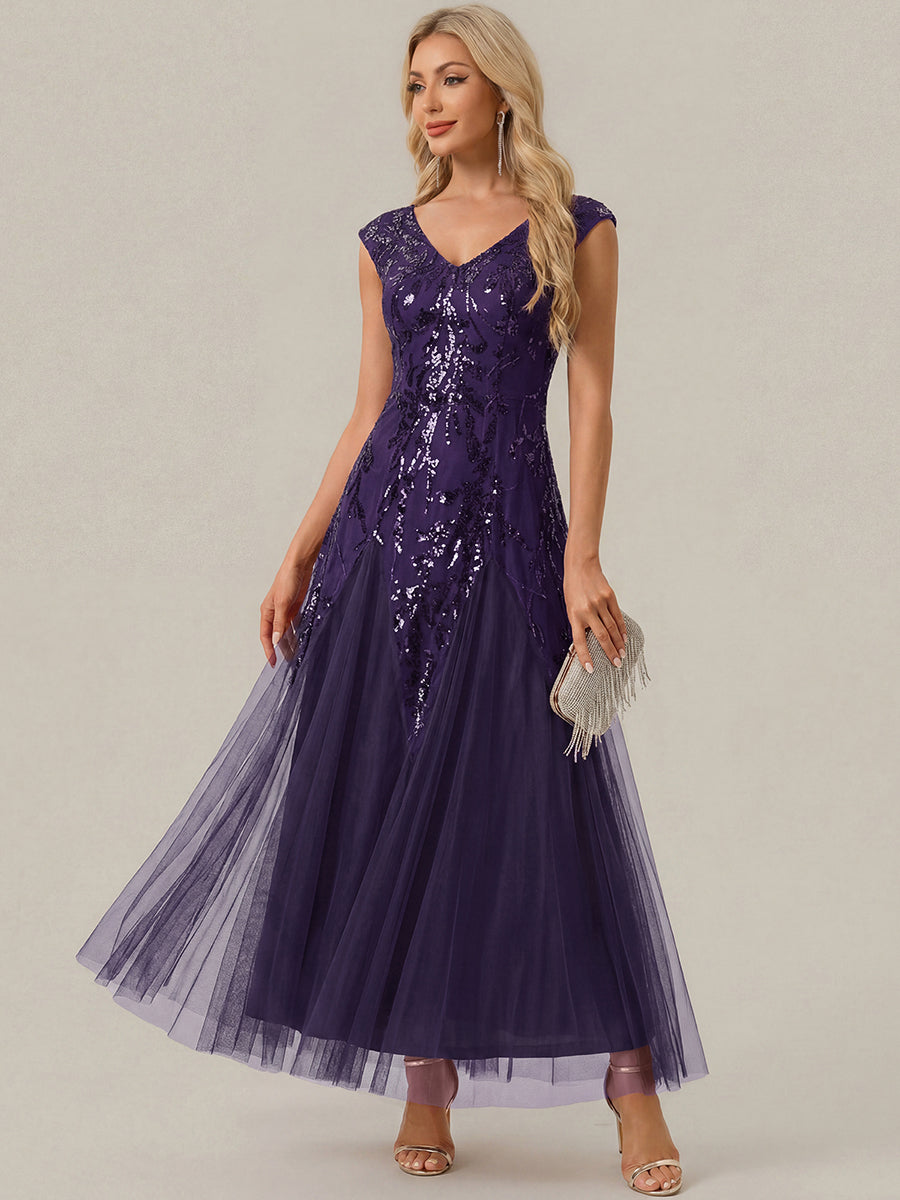 Bodenlanger V-Ausschnitt A-Linie Pailletten Kleid Mit Besticktem Blumenmuster #Farbe_Dunkelviolett