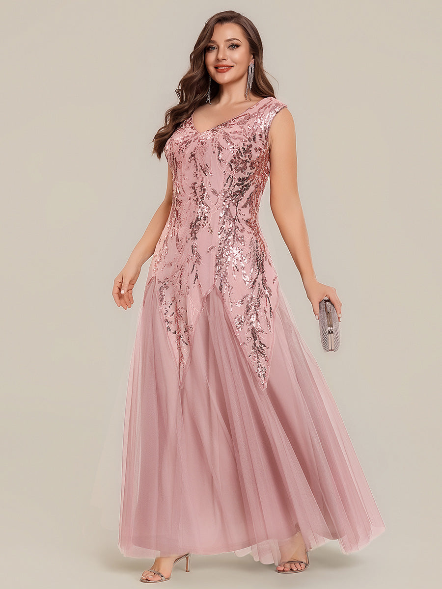 Bodenlanger V-Ausschnitt A-Linie Pailletten Kleid Mit Besticktem Blumenmuster #Farbe_Altrosa
