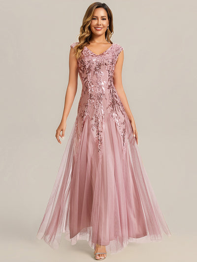 Bodenlanger V-Ausschnitt A-Linie Pailletten Kleid Mit Besticktem Blumenmuster #Farbe_Altrosa