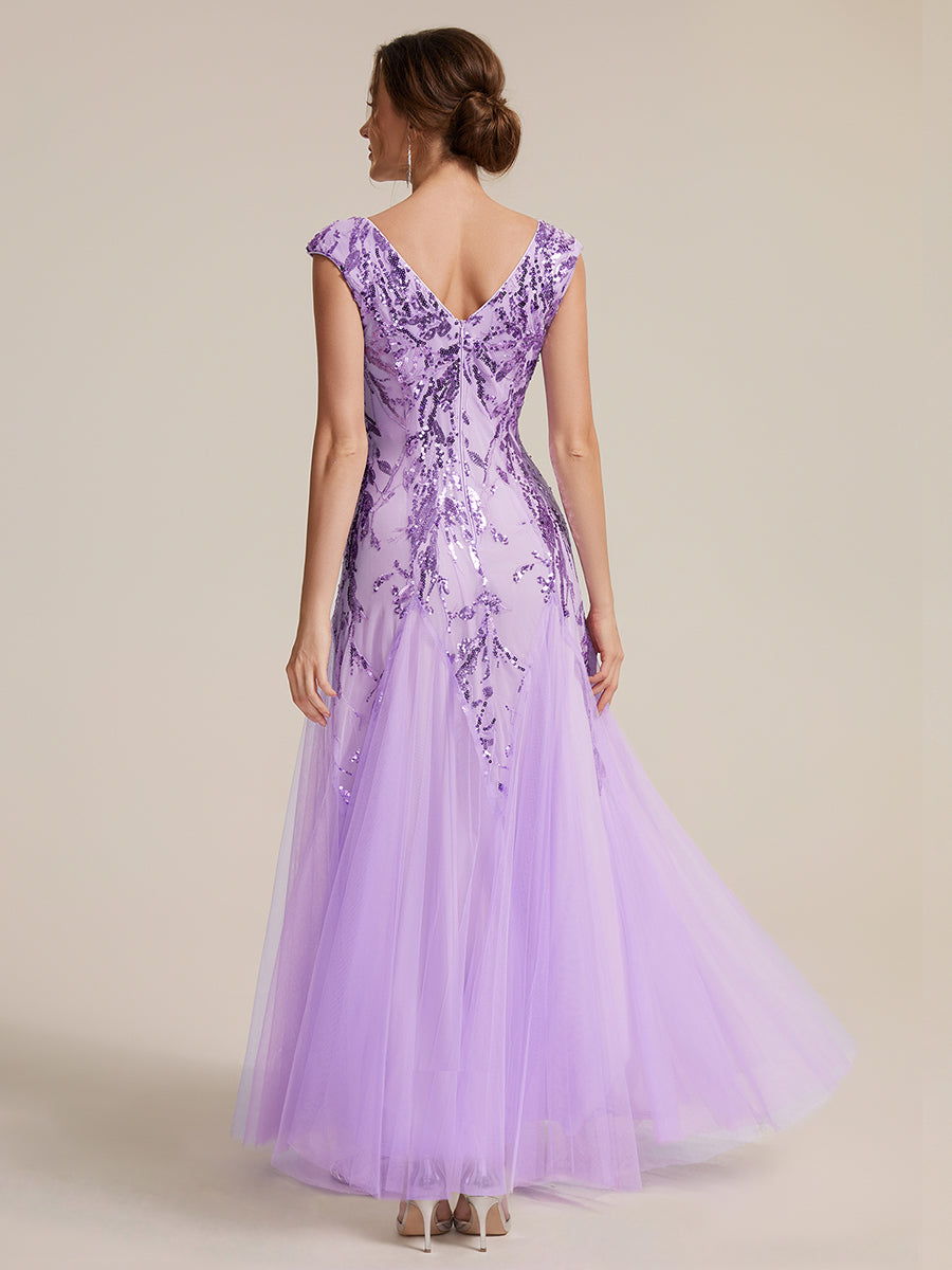 Bodenlanger V-Ausschnitt A-Linie Pailletten Kleid Mit Besticktem Blumenmuster #Farbe_Mattflieder