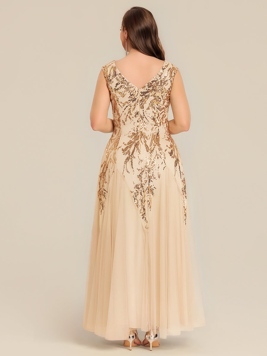 Bodenlanger V-Ausschnitt A-Linie Pailletten Kleid Mit Besticktem Blumenmuster #Farbe_Gold